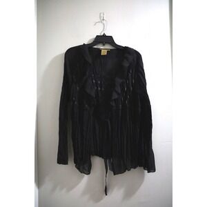 Notations Black Ruffle Front Tie Sheer Blouse Long Sleeve Top Size Large‎